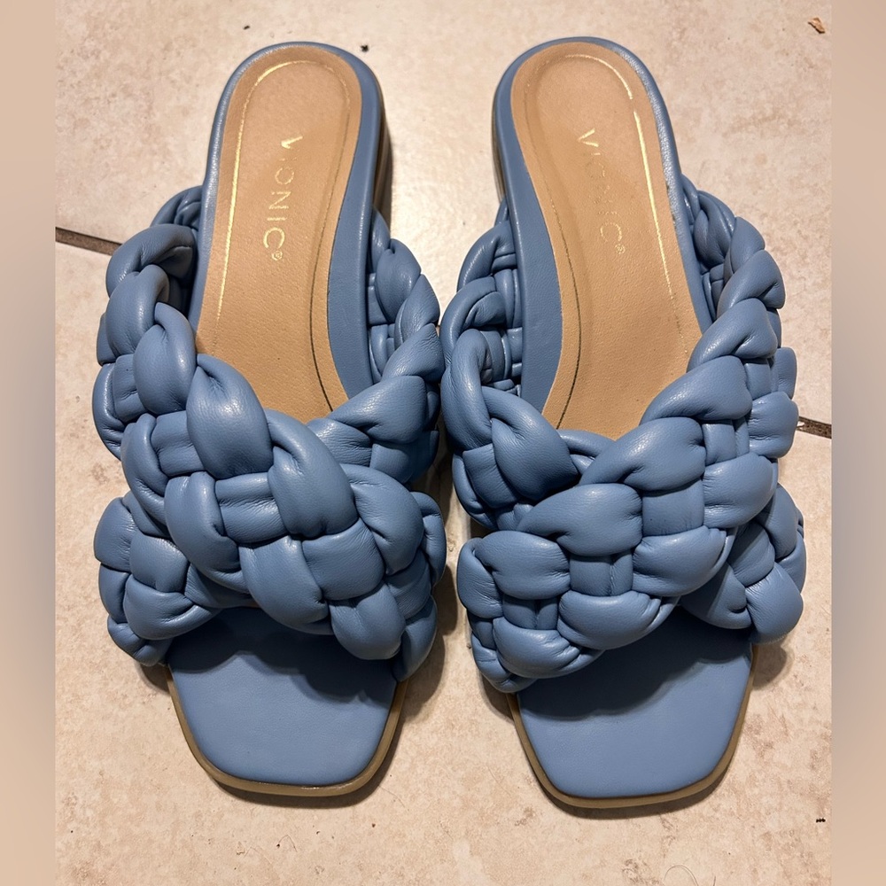 Vionic Braided Slide Sandals in Dusty Blue